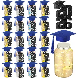Mimorou 24 Sets Graduation Gifts 2026 Plastic Graduation Jar Decorations with Cap Cutouts Kit for Class of 2026 Graduate Table Centerpieces Grad Party Supplies(Blue Cap)