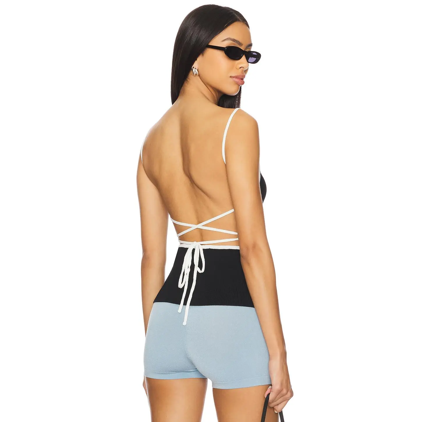 Women's Anya Open Back Blouse - Black & White, Slinky Jersey-Viscose Adjustable Fabric Top