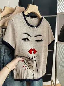 Abstract Portrait Print Crewneck Sweater, Casual Short Sleeve Knitwear for Spring Summer Fall, Comfortable Warm Women's Clothing, Aesthetic, Womenswear