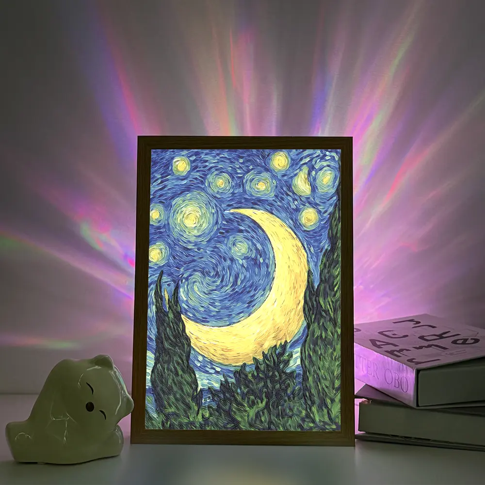 Giant Van Gogh Art LED Light Painting - USB-Powered, Adjustable Intensity Desk Wall Lamp, Textured Impasto Oil Painting Frame, Minimalist Night Sky Decor for Study, Decor Seekers, Living Room Accent Lighting