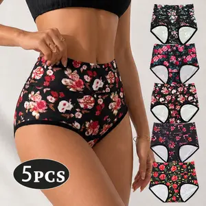 5 Pack Women High Waist Printed Panties, Soft Breathable Full Coverage Hip Briefs Comfort Healthy Daily Underwear