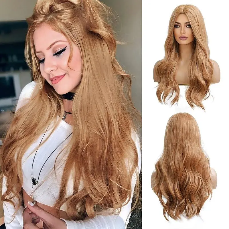 24 Inches Long Wavy Strawberry Blonde   Women Natural Synthetic Hair Heat Resistant   Daily Party Cosplay Wear wigs for