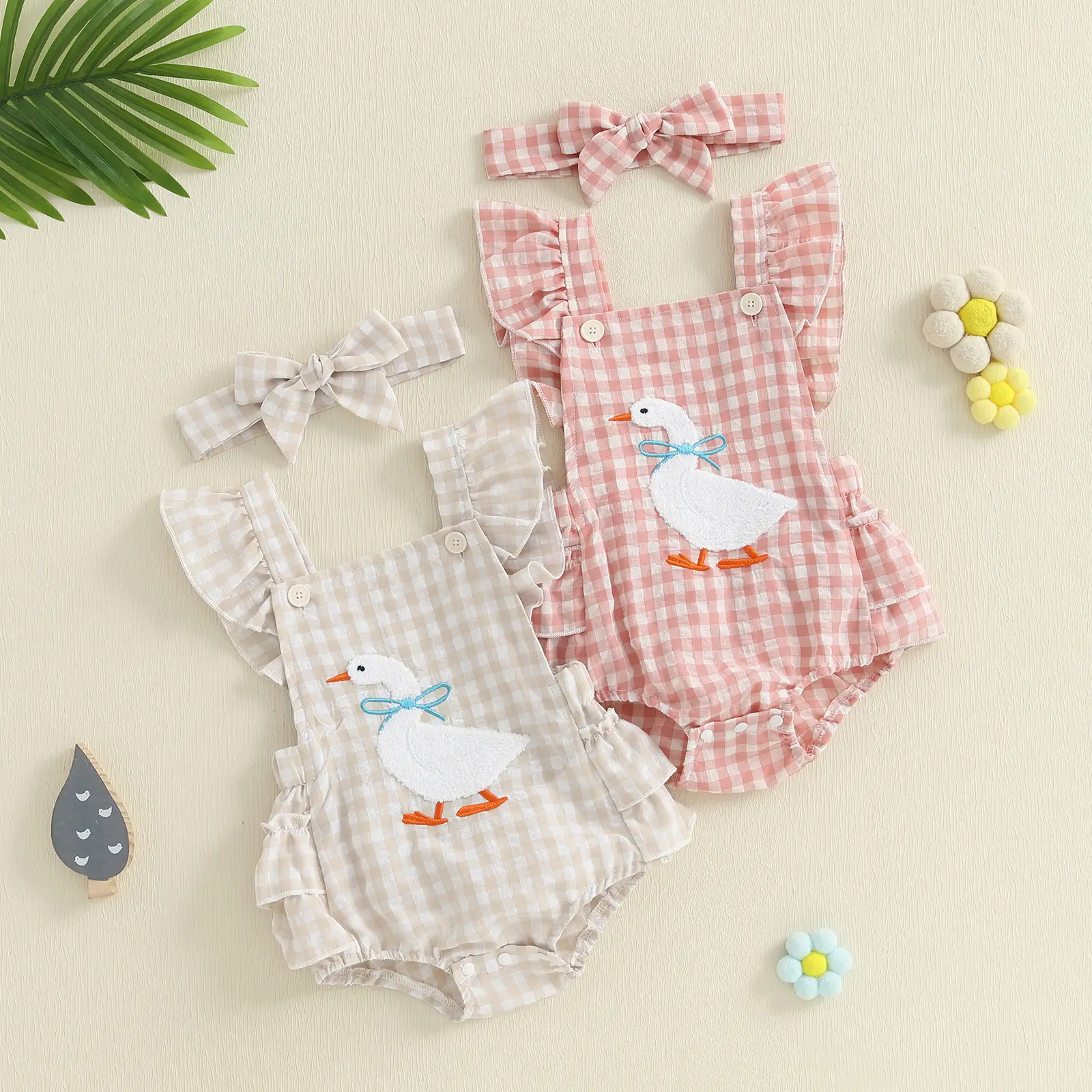 Baby Girl Gingham Silly Goose Embroidery Plaid Ruffle Sleeveless Bubble Romper Onesie Bodysuit Newborn Country Farm Summer Clothes