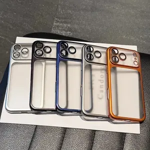 Matte Transparent Phone Case For iPhone 17 Air 17 16 15 14 13 12 Pro Max Plus Plating Frame Lens Film Protection Anti-fall PC Hard Clear  Cover