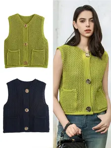 Women's Fashion Sleeveless Chunky Knit Vest Sweater, Unique Large Pocket Patched Button Open Front Cardigan Jacket Top
