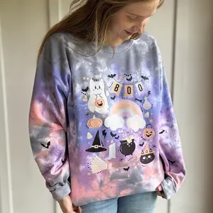 Batty boo cat ghost Halloween Tiedye Cotton Casual Crewneck Sweatshirt for Women's Wear Tops