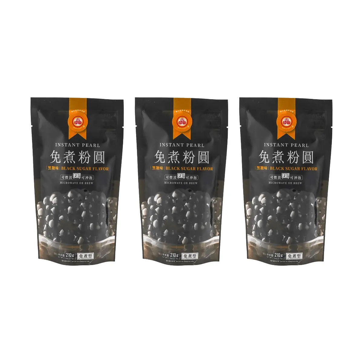 WuFuYuan Tapioca Pearls Boba Black Sugar Flavor - 3 Pack (210g Each) - Instant Microwave Ready for Bubble Tea