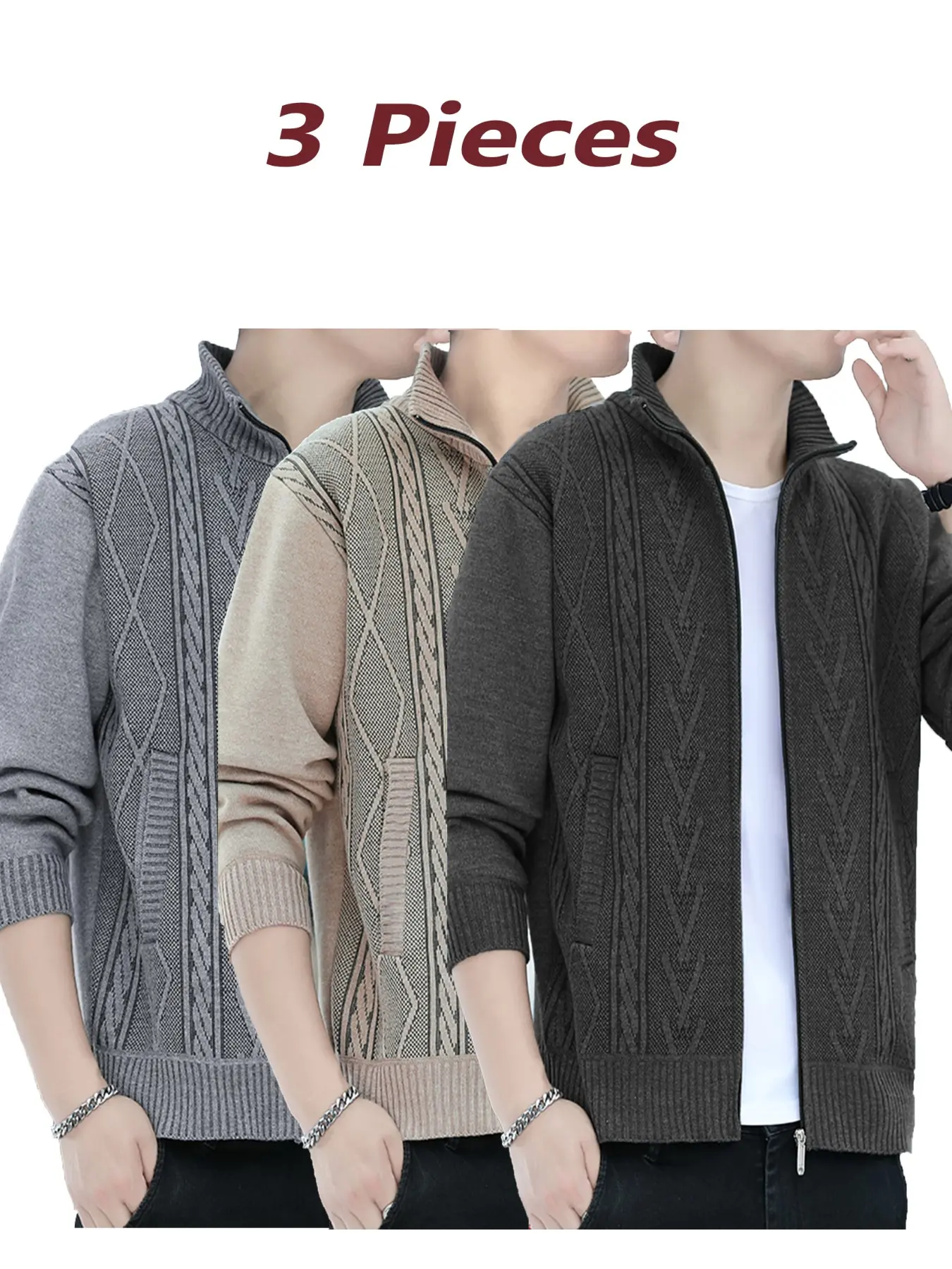 Men's 3-Pack Stand Collar Zip Knit Sweater, Long Sleeve, Fitted, Casual, Fall & Winter, Windproof, Smooth Zip Closure