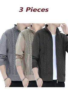 3-Pack Men's Stand Collar Zipper Knit Sweater, Anti-Pilling Fabric, Warm and Comfortable, Classic Houndstooth Pattern, Business & Casual Style