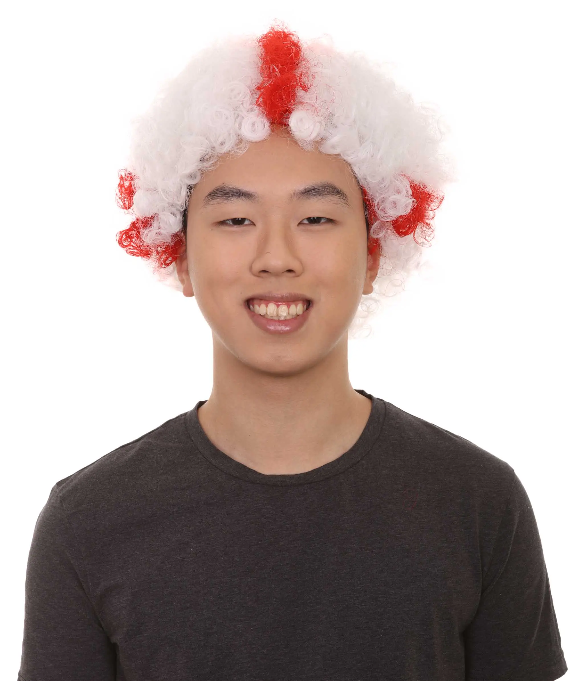 HPO England Jumbo Sport Fun Wigs - Red White Afro Patriotic Wig with Breathable Capless Design for Men & Women - Synthetic Fiber Wig for Cosplay & Sports