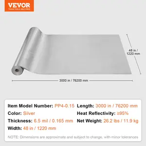 VEVOR Double Reflective Insulation Roll, Woven Fabric Radiant Barrier, 6.5 Mil 48 inx 250 ft, Aluminum Foil PE Woven Cloth Heat Reflective Shield, Thermal Insulation Roll for Window RV Roof