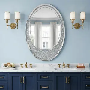 55" x 35" Large Oval Crushed Diamond Bathroom Mirror, Oversized Sparkly Crystal Bling Mirror for Double Vanity, Modern Glam Wall Decor for Living Room, Secure Drop-Tested Packaging