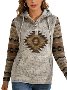 Women's Vintage Aztec Print Henley Hoodie - Long Sleeve, Drawstring Hooded Sweatshirt with Side Pockets, Western Boho Style Casual Pullover for Spring & Fall Daily Outfits