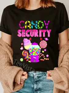 100% Cotton Unisex Candy Land Costume Women Candy Crew Funny Candy Security T-Shirt Vingate Printed Casual Round Neck T shirt