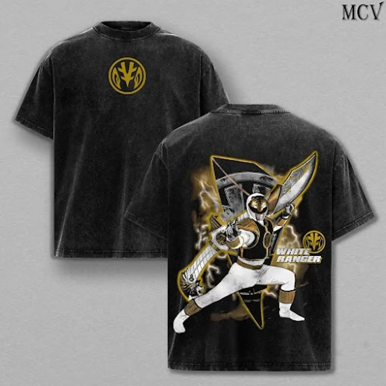 Mighty Morphin Power Rangers Tee - Green Ranger, White Ranger, Red Ranger, Black Ranger, Blue Ranger, Pink Yellow Ranger T-Shirt Menswear Top Heavy Cotton Tee Double Printed Washed Oversize Streetwear Retro Graphic Tee Superhero TV Show Movie V2 ABU