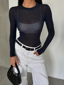 New Summer Basic Women's Long Sleeve T-Shirt, High Stretch Breathable Sexy Thin Top, Transparent Women's Blouse