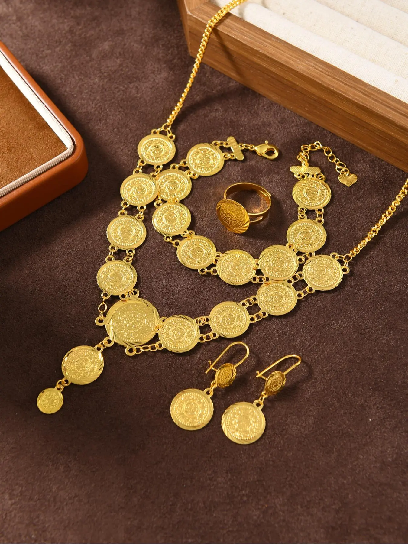 Women's Elegant Coin Design Chain Jewelry Set, Vintage Pendant Necklace & Dangle Earrings & Bracelet & Ring, Fashion Jewelry for Party, Trendy All-match & Exquisite Jewelry for Gift, Matching Jewellery Gift Set