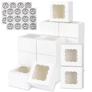 Cookie Boxes, 3.39'x3.39'x2.48' White Sturdy Bakery Box with Window And Stickers for Treats, Chocolate Covered Strawberry, Donuts, Pastries, Cake Pop