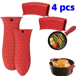 4 Pcs Kitchen Red Silicone Handles, Including 1 Pcs 5.31in X 2.16in Silicone Handle, 1pcs 4.72in X 2.04in Silicone Handle, 2 Pcs 3.62in X 1.57in Pot Handle Insulation Sleeves, for Cast Iron Pots and Heat-resistant Pots, Textiles & Soft Furnishings