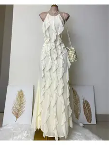 Elegant Ruffle Hem Women's Dress, Backless Design, Sexy Beachwear, Party Fashion, Versatile Basic, High Street Style, Fitted, Ruffled, Perfect for Vacation, Elegance, Womenswear
