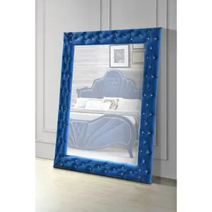 Modern 37x59 in Rectangular Blue Velvet Frame Floor Mirror, Dante Large-Size Button-Tufted Home Decor Mirror