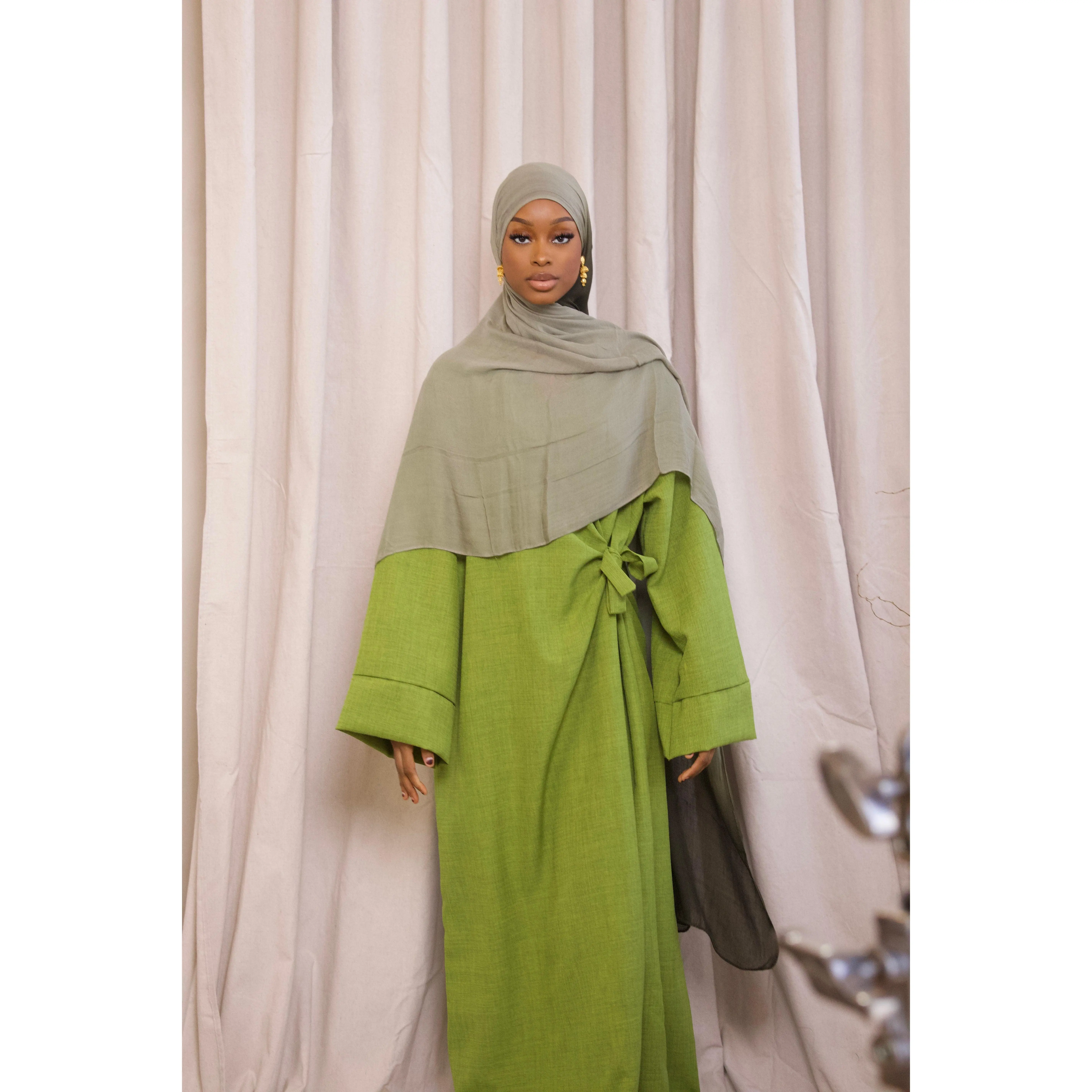Linen Wrap Abaya - Apple Green, Lightweight & Soft Linen Texture, Adjustable Tie Waist, Minimal Flowing Cut, Chic & Versatile Design