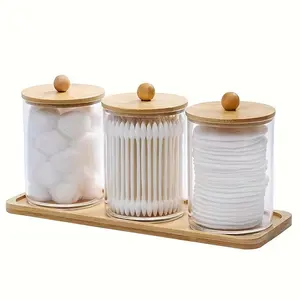 Cotton Swab Storage Bottles with Wooden Lid, Toothpick Storage Bottle with Tray, Bathroom Containers Dispenser, Floss Organizer Canisters, Plastic Kitchen Canisters