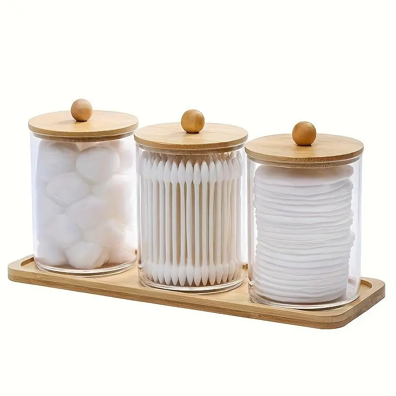Cotton Swab Storage Bottles with Wooden Lid, Toothpick Storage Bottle with Tray, Bathroom Containers Dispenser, Floss Organizer Plastic Canisters, Container Set