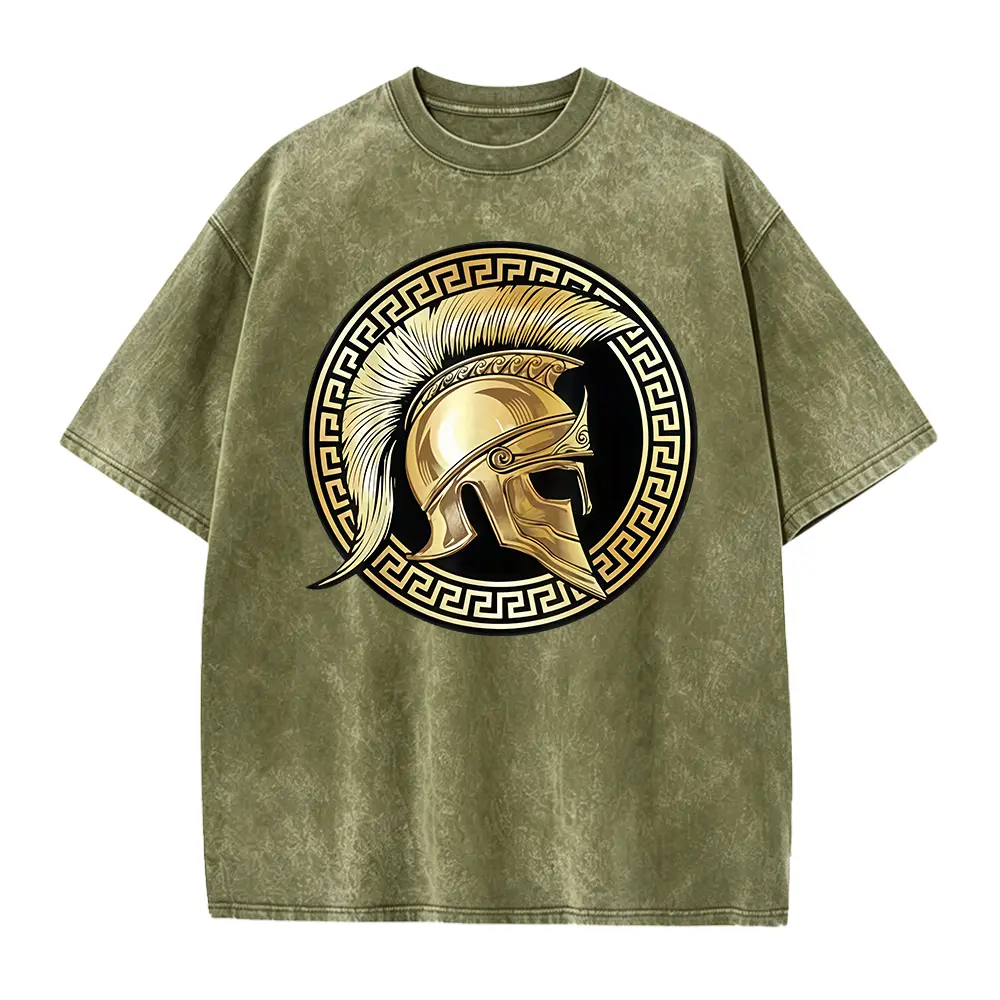 Golden Spartan Helmet Greek Key Circle Graphic Tee, Ancient Greece Gladiator Retro Men Short Sleeve T-Shirt, History Lover Gym Casual Top