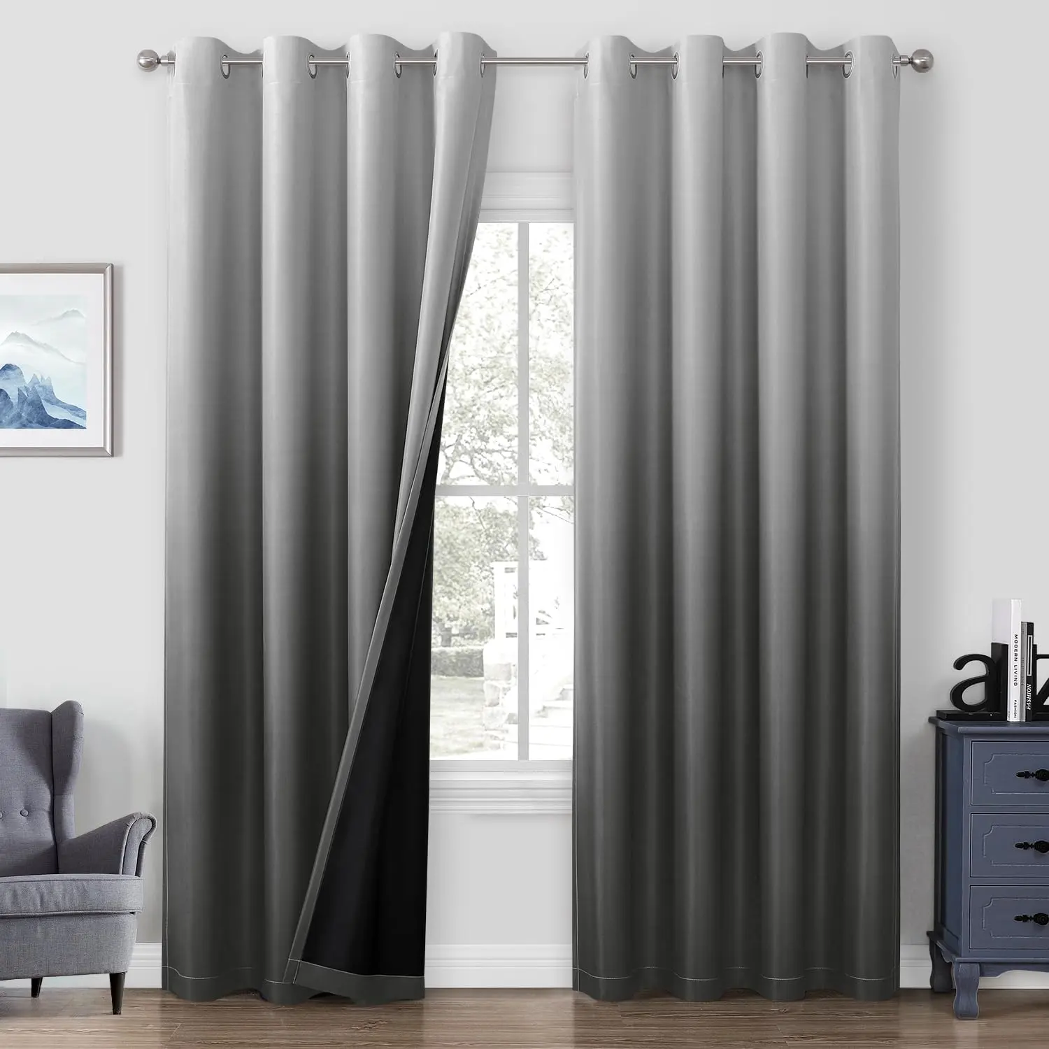 Grey  Ombre Blackout Curtains for Bedroom, 52 X 84 Inches Long Room Darkening Gradient Light Blocking Thermal Insulated Grommet Drapes for Living Room, 2 Panels