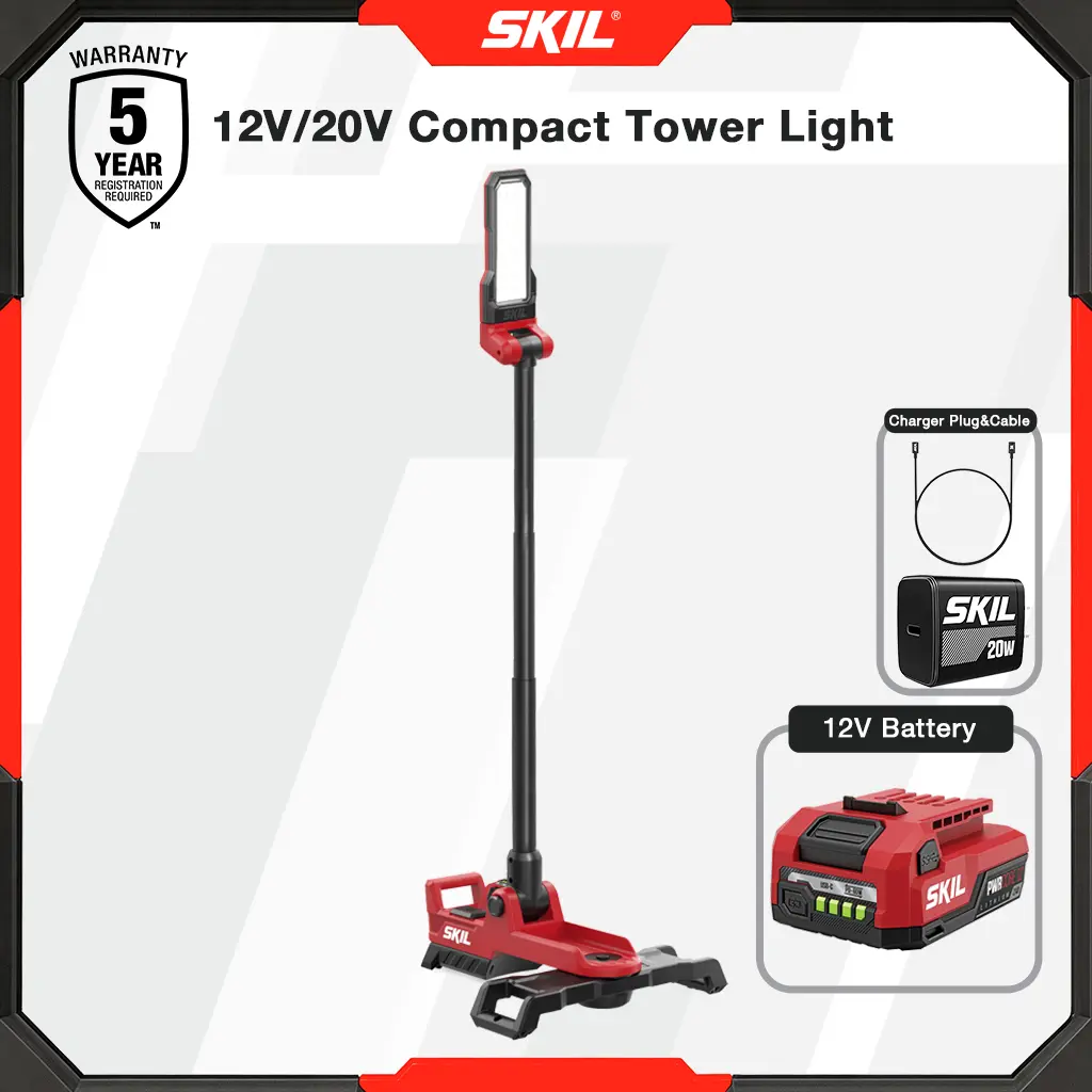 SKIL 12V/20V COMPACT TOWER LIGHT WITH 12V 2.0 AH USB-C BATTERY AND 20W PD CHARGER