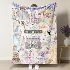 Bridgerton Regency Era Collage Throw Blanket, Watercolor Wisteria, Honey Bees & London Townhouse Print Soft Flannel Blanket, Perfect Cozy Gift for Bridgerton Fans & Romance Novel Lovers, Elegant Lavender Home Decor for Sofa Bedroom Reading Nook