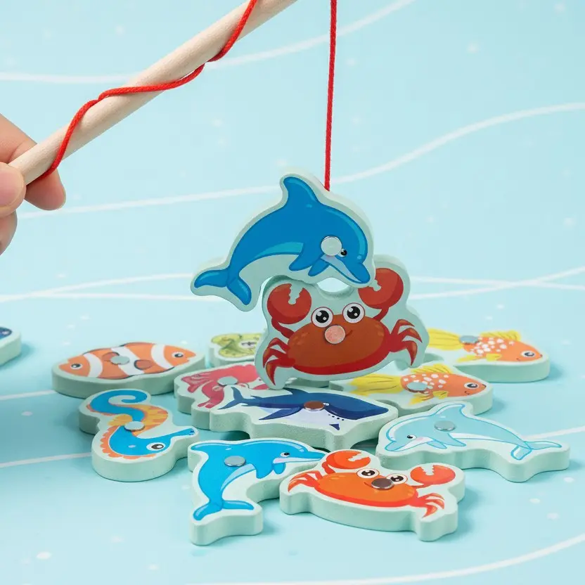 Kids Wooden Magnetic Fishing Toy Set, Interactive Ocean Fish Game, Toddler Pretend Play, Hand-Eye Coordination & Patience Development, Ideal Christmas Gift, Toddler Playset