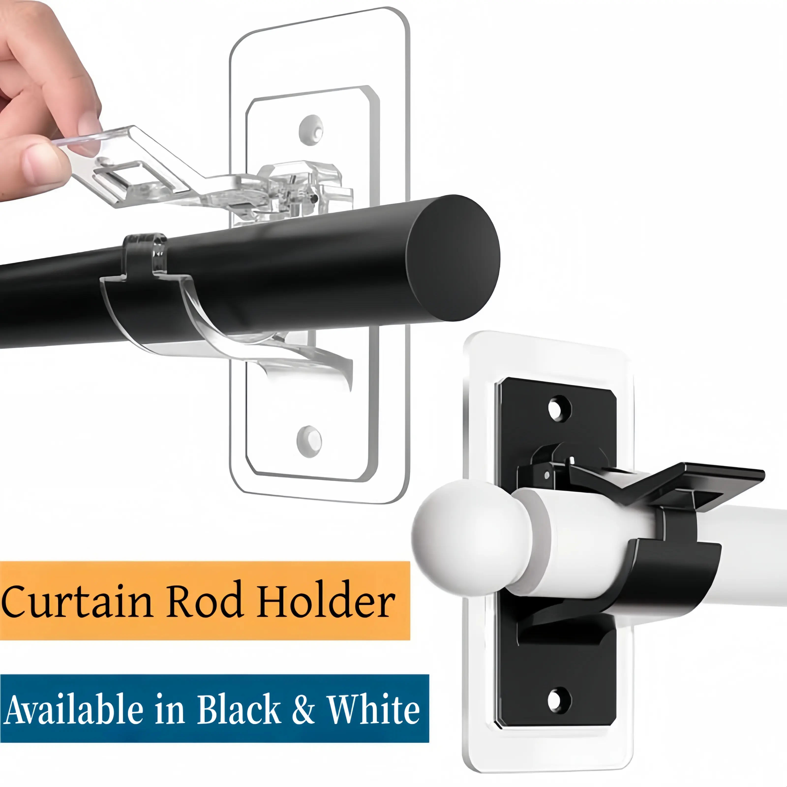 6 PCS No Drill Curtain Rod Holder, Self Adhesive Curtain Rod Brackets, Heavy Duty Wall Mount Clips for Window, Bathroom & Home Organization
