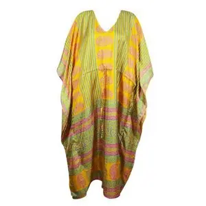 Beach Coverup Maxi Kaftan Yellow Floral Silk Caftan Dress, L-2X