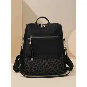 Fashion Colorblock Leopard Print Backpack, Casual Large Capacity Zipper Backpack for Women & Girls, Lightweight Travel Multi-use Backpack for College, Middle School Students, Office Workers, Casual Printed Backpack