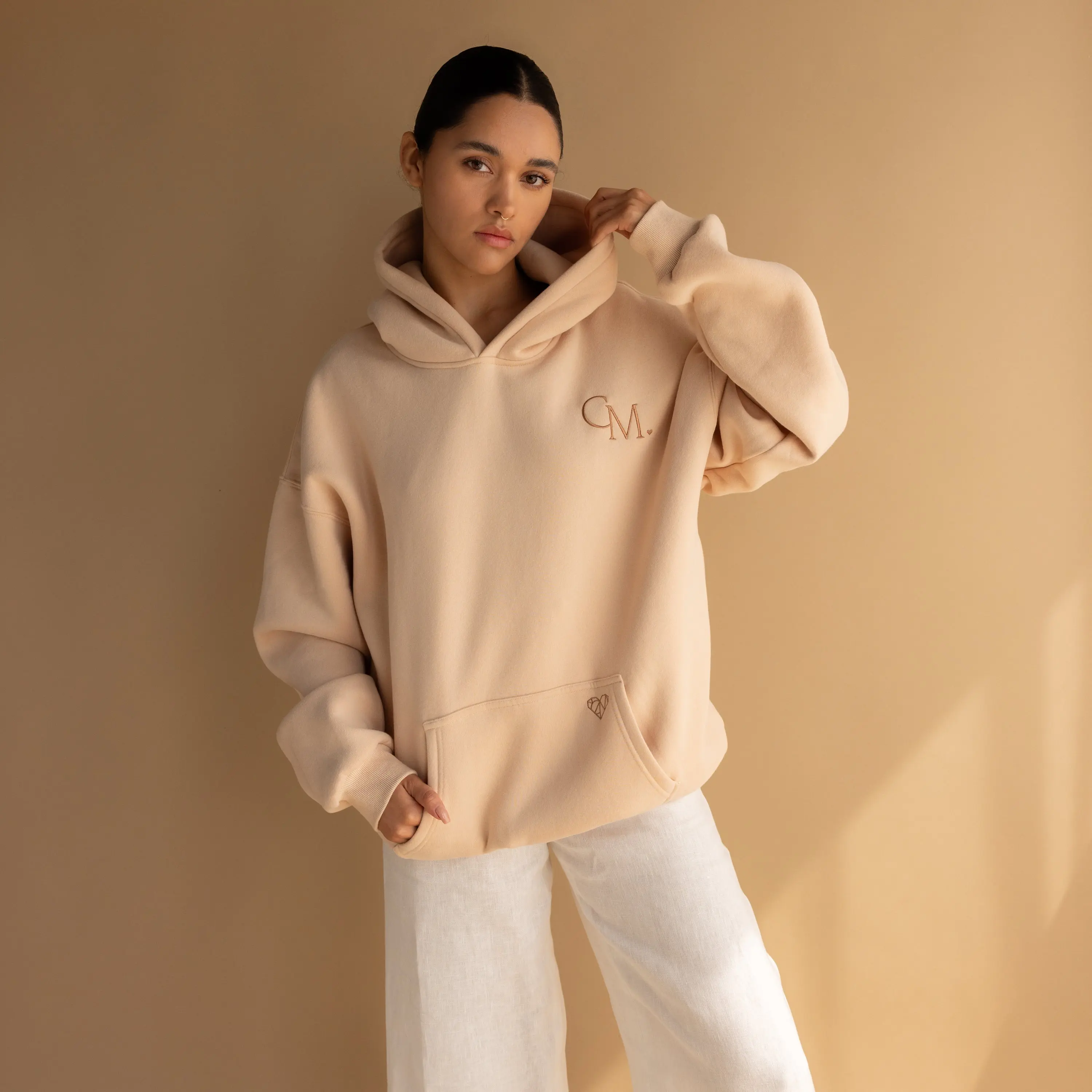 Oversized CM Hoodie by Caitlyn Minimalist - Minimalist Cream Floral Hoodie for Women