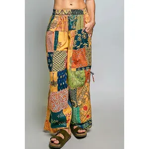 POL Printed Patchwork Wide Leg Pants – Boho Statement Drawstring Pants