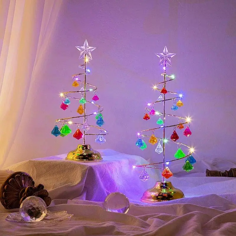 LED Christmas Tree Table Lamp - Battery-Powered Modern Crystal Silver Metal Ornaments Desk Light, Home Supplies with 2 Battery Options (Button/3*No.7), Multi-Size (19cm/26cm/33cm) for Bedroom, Living Room, Decoration
