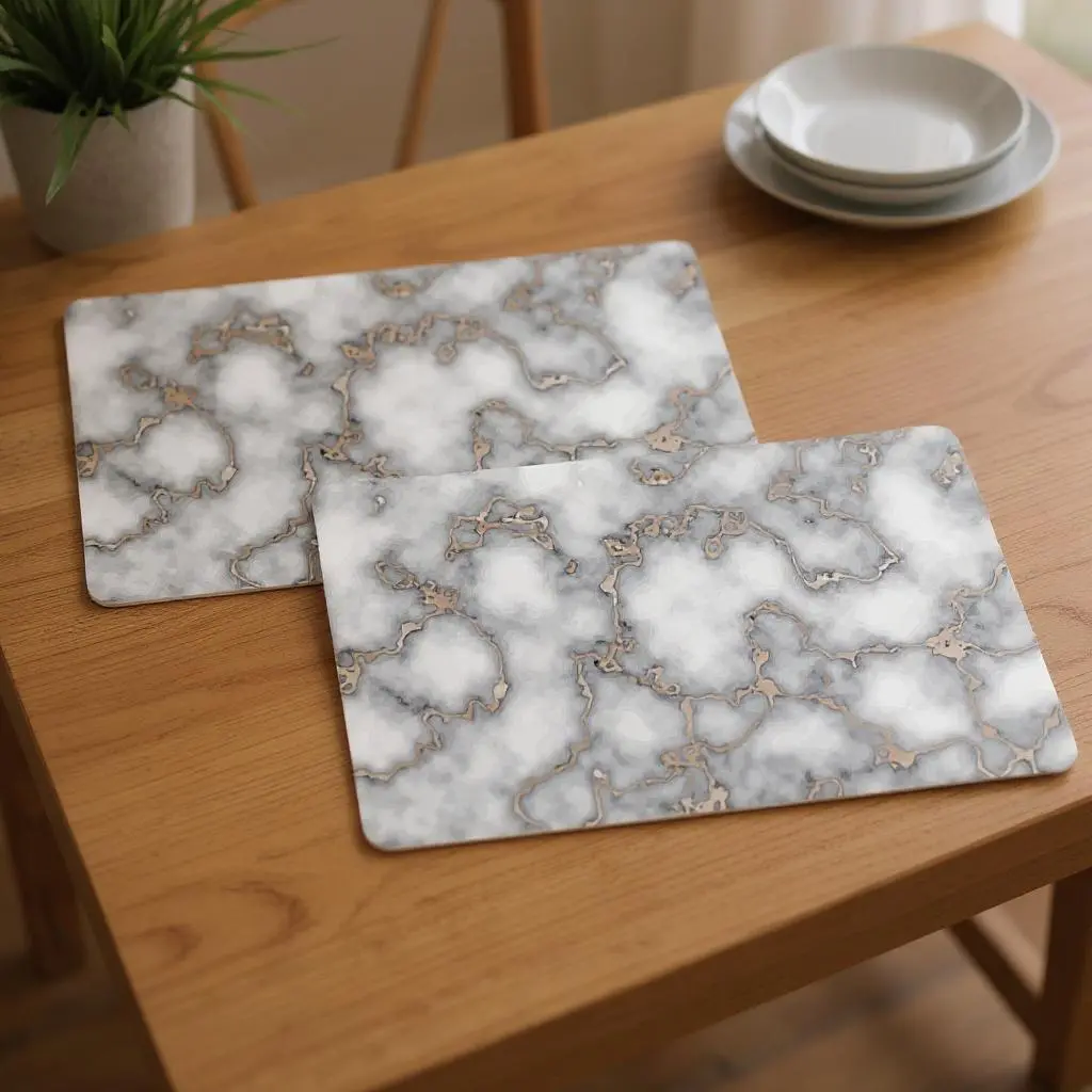 Modern Rectangle Agglomerated Cork Placemats Set, 12in x 18in Gray and Gold Abstract Kitchen Tableware