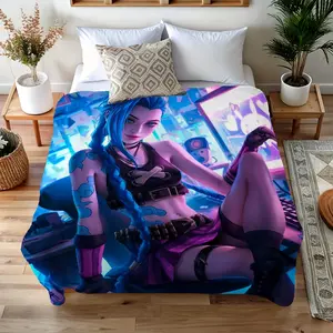 YWJHUI Glam Style Anime Jinx Pattern Digital Print Throw Blanket, Soft Warm Nap Blanket for Couch Sofa Office Bed Camping Travel, Multipurpose All-Season Reversible Polyester Gift Blanket Cartoon Blanket Halloween and Christmas Gifts