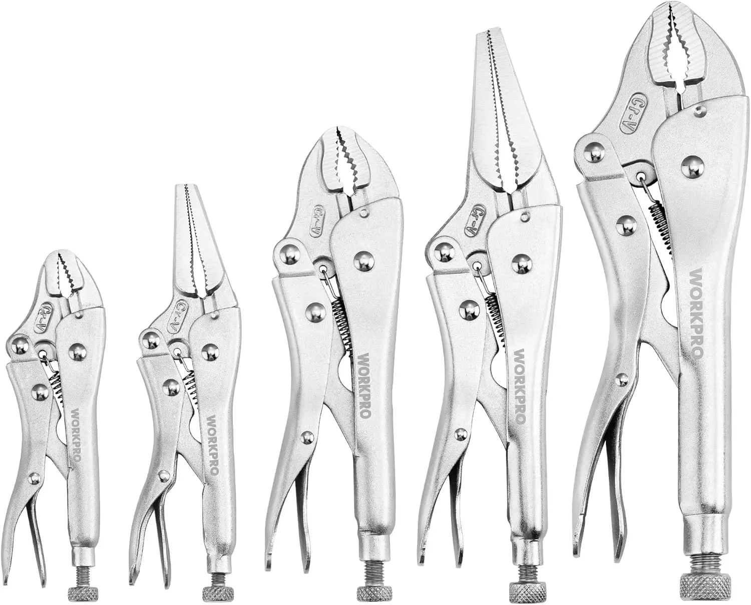 5 Piece Locking Pliers Set – WORKPRO Vice Grips, Curved Jaw & Long Nose Pliers, CR-V Steel for Mechanics, Repair & DIY