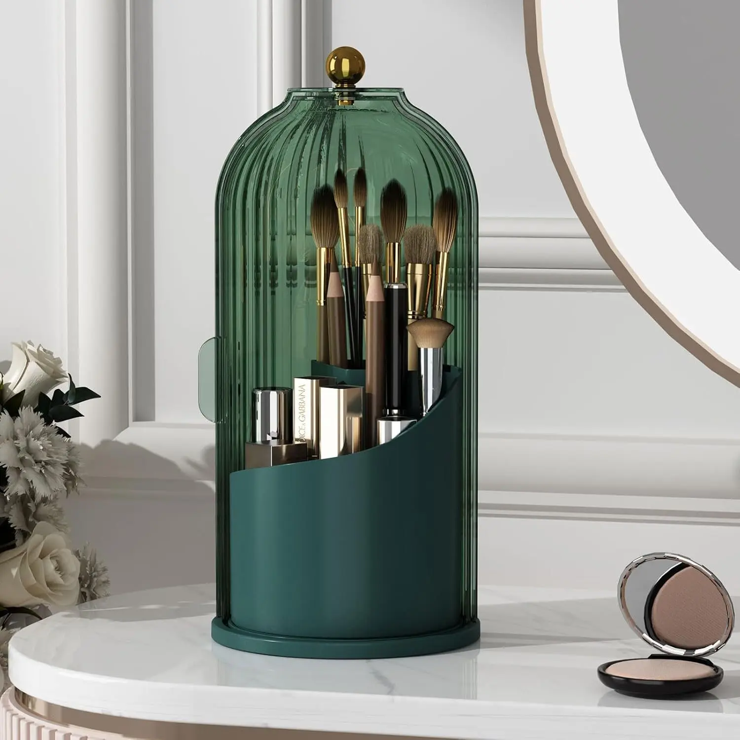 Large Capacity Multifunctional Makeup Brush Holder with Lid 360 Rotating Clear Dustproof Cosmetic Storage Compartment Shelf Make Up Organizers