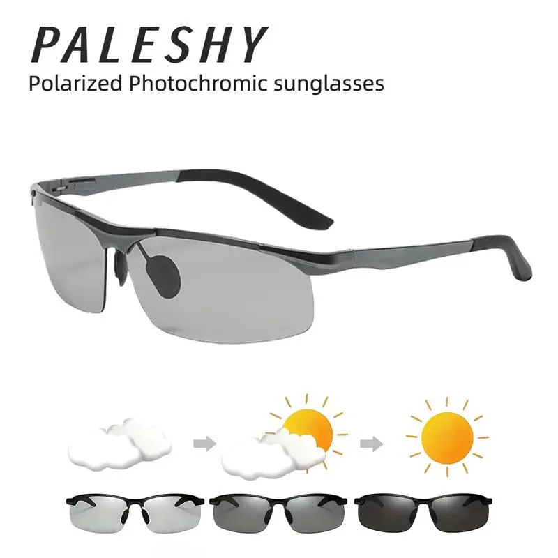 Paleshy Unisex Semi-Rimless Sunglasses with Photochromic Polarized Lenses, Classic Rectangular Resin Frame, UV400 Protection for Driving & Outdoor Use, Metal Sunglasses