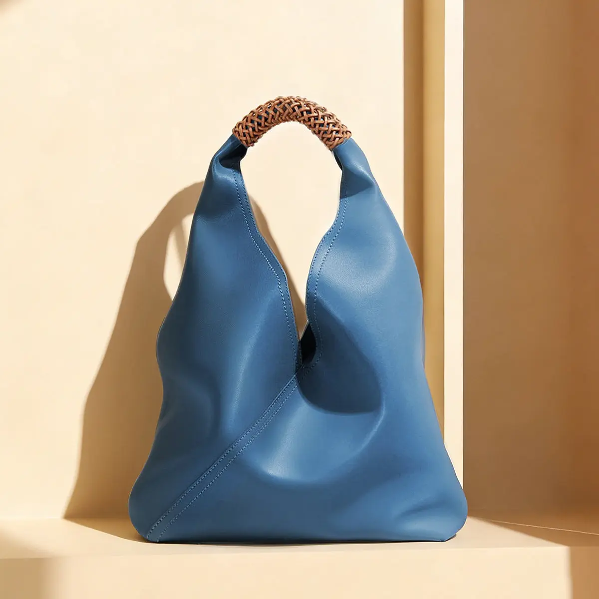 Elena Braided Handle Leather Hobo Bag