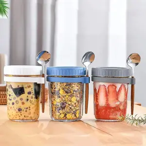 Portable Overnight Oat Glass Cup With Steel Spoon: Perfect for Breakfast Oats, Salads, or Desserts!