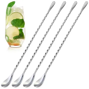 4Pcs Cocktail Spoon Long Handle Bar Spoon - 12" Metal Spoons Drink Mixers for Cocktails Stainless Steel Spoons Stirring Spoons for Coffee Bar Accessories - Home Bar Mixing Spoon Long Handle Spoon Set
