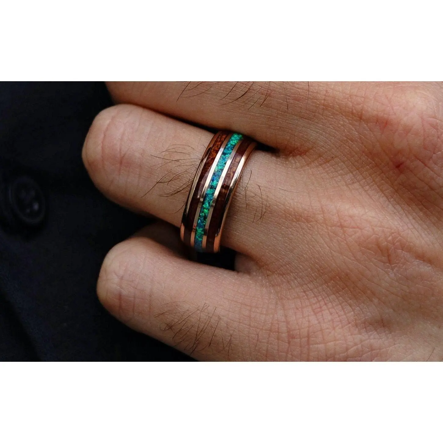 Earthen Wood - Hawaiian Koa Wood & Blue Opal Tungsten Ring, 8mm