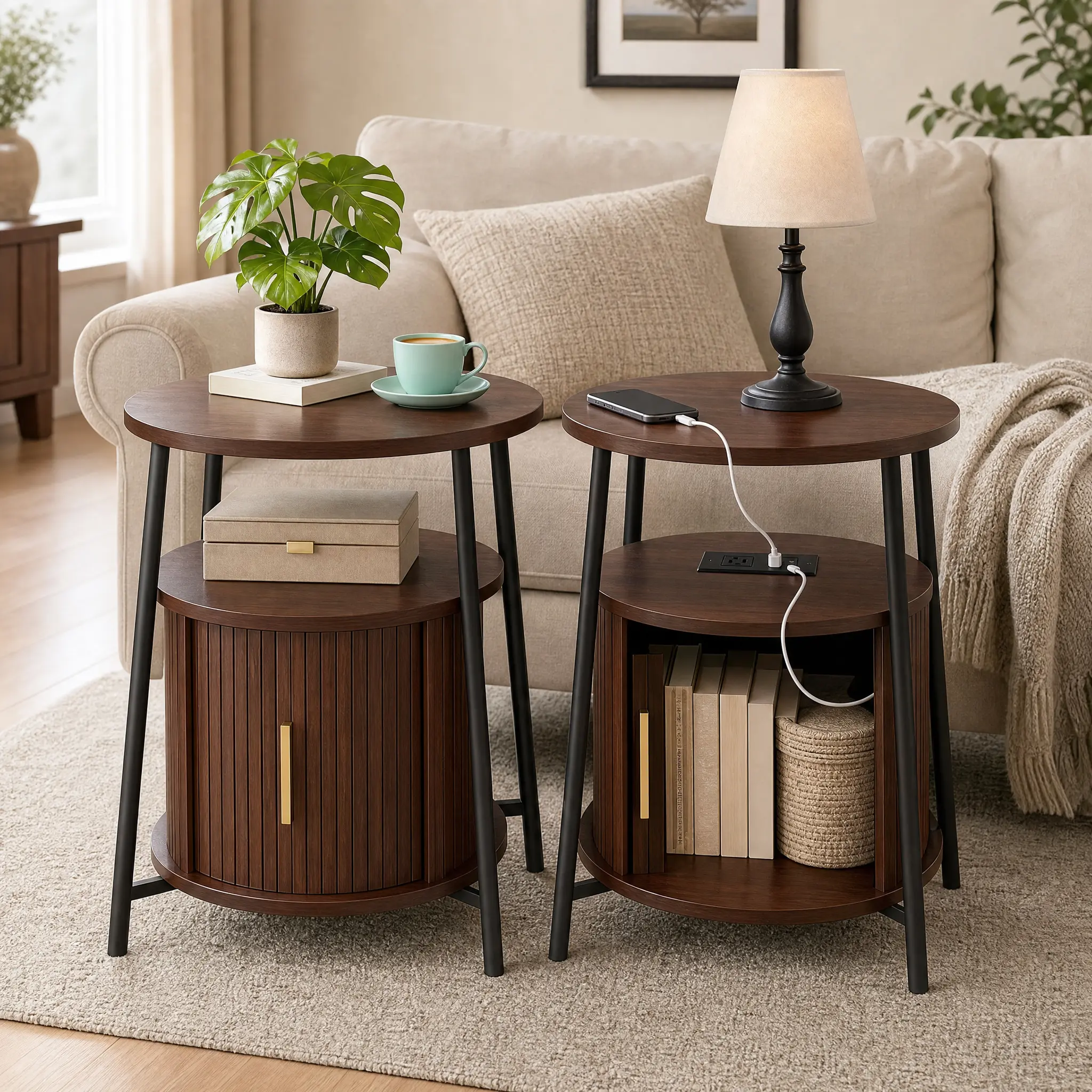 【Small End Table】DHH Bedroom Nightstand - 2-Tier Fluted Round Mid-Century Modern Dark Walnut Wood Indoor Furniture with Built-in Charging Station, 1 USB, 1 Type-C, Hidden Storage, Bed Side Table for Bedroom, Kid Room, Living Room Decor, Side Table Decor