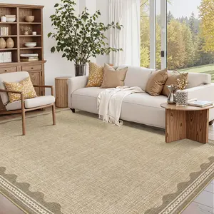 GARVEE Washable 9x12 Rug with Low Pile for Living Room, Featuring Non-Slip Backing, Lightweight and Foldable Design, Modern Woven Border, Indoor Floor Cover in Jute Material